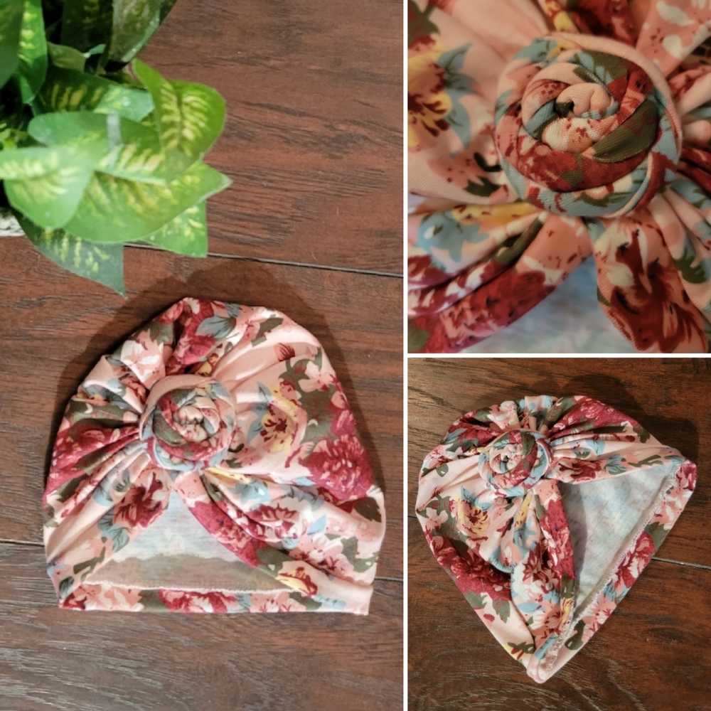 Curls & Pearls Couture, floral turban, bonnet, hat, beanie, 0-12 months infant